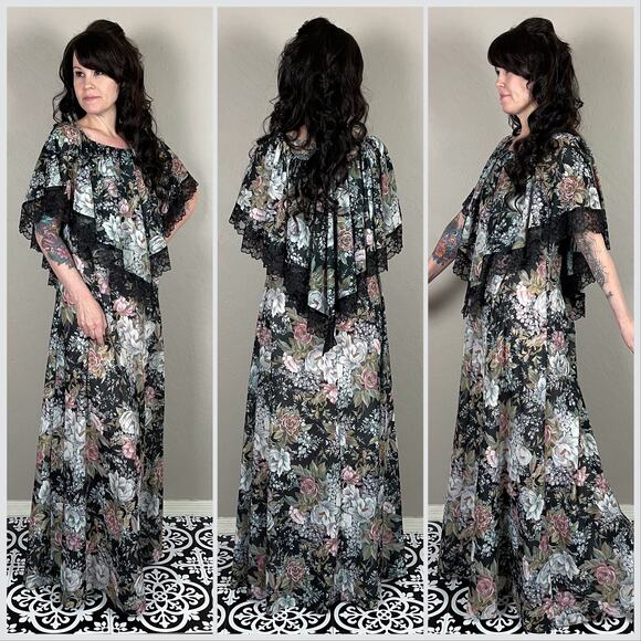 Vintage 1970s Black Floral A-Line Cape Maxi Dress - Picture 3 of 7